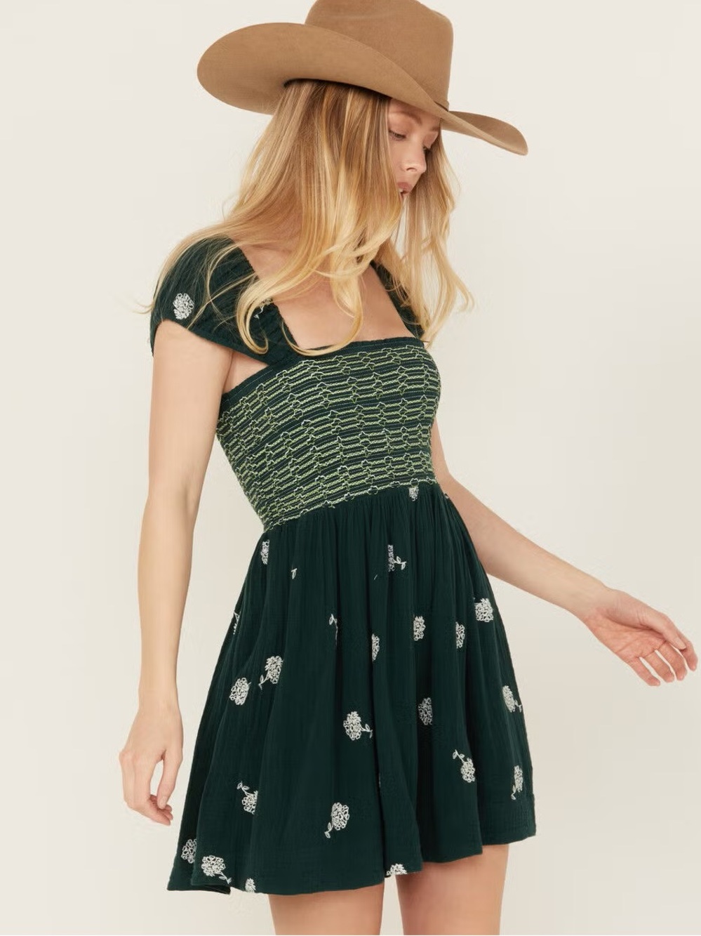 Free People Tory smocked Emerald Green Smocked Floral Sundress large